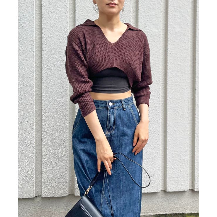 ブラウン | ポロカラーUネック変形ショートプルオーバー | Jewelobe