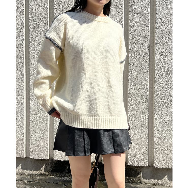 アイボリー | バイカラーニットプルオーバー | Jewelobe