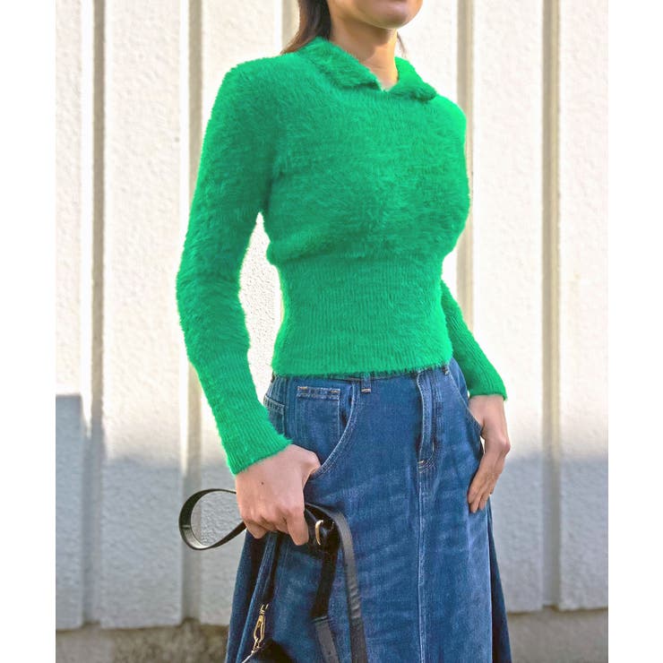 グリーン | 衿付きシャギーニットプルオーバー | Jewelobe