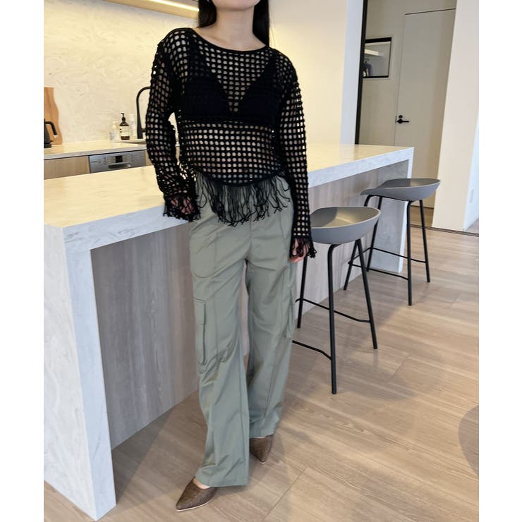 ブラック | フリンジメッシュトップス | Jewelobe