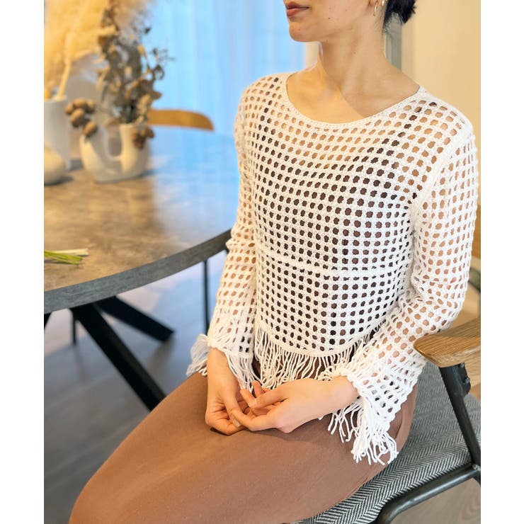 ホワイト | フリンジメッシュトップス | Jewelobe