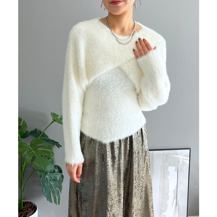 ホワイト | シャギーニットカシュクールボレロ＆イレヘムキャミソールアンサンブル | Jewelobe