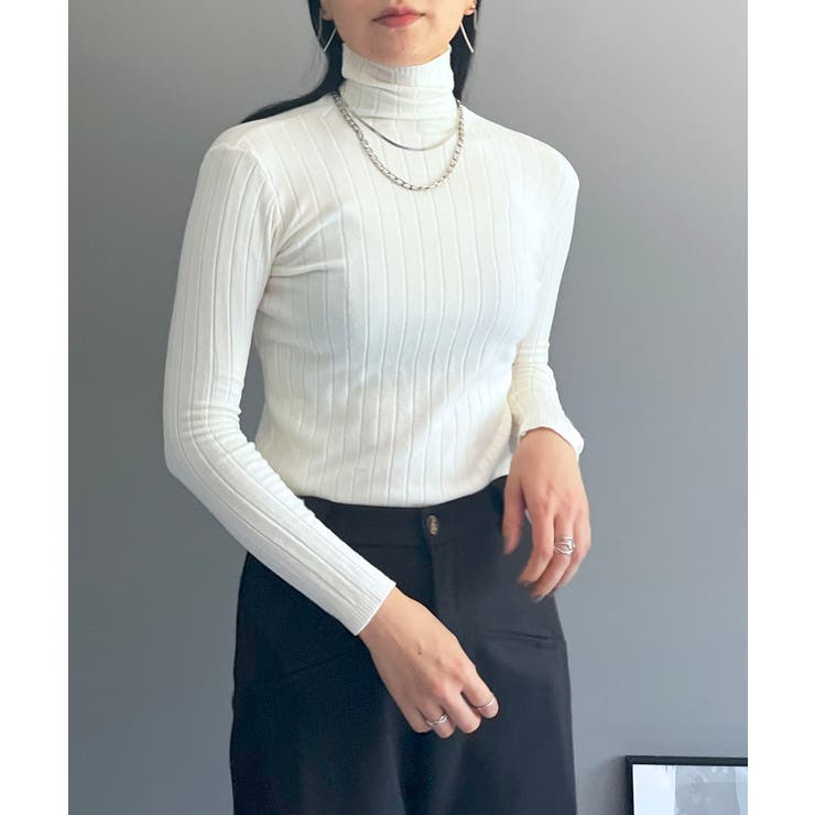 ホワイト | ワイドリブタイトタートルニットトップス | Jewelobe