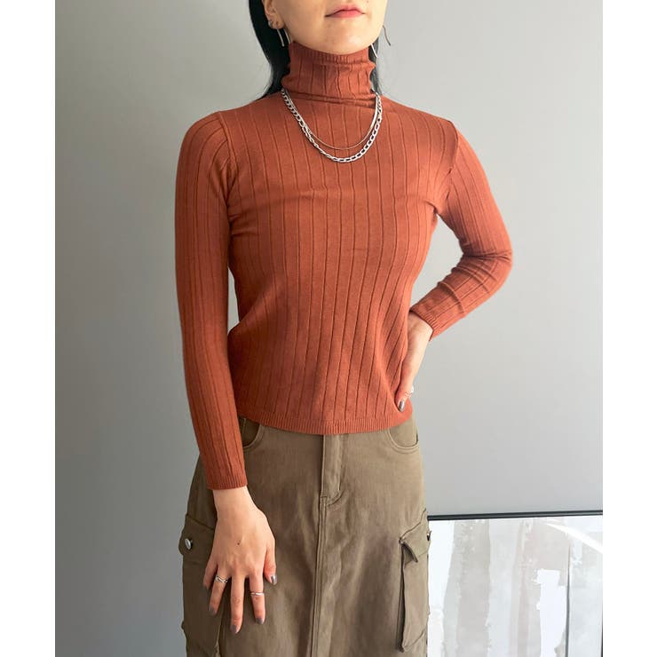 ブラウン | ワイドリブタイトタートルニットトップス | Jewelobe