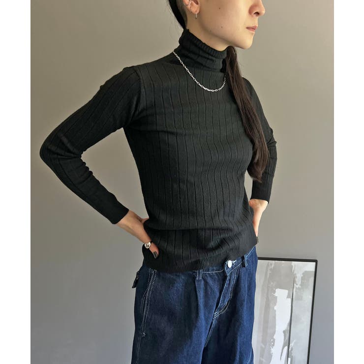 ブラック | ワイドリブタイトタートルニットトップス | Jewelobe