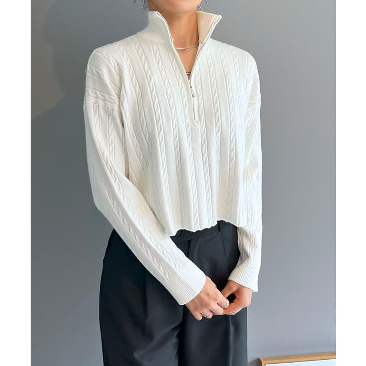 ホワイト | ナローケーブルハーフジップニットトップス | Jewelobe
