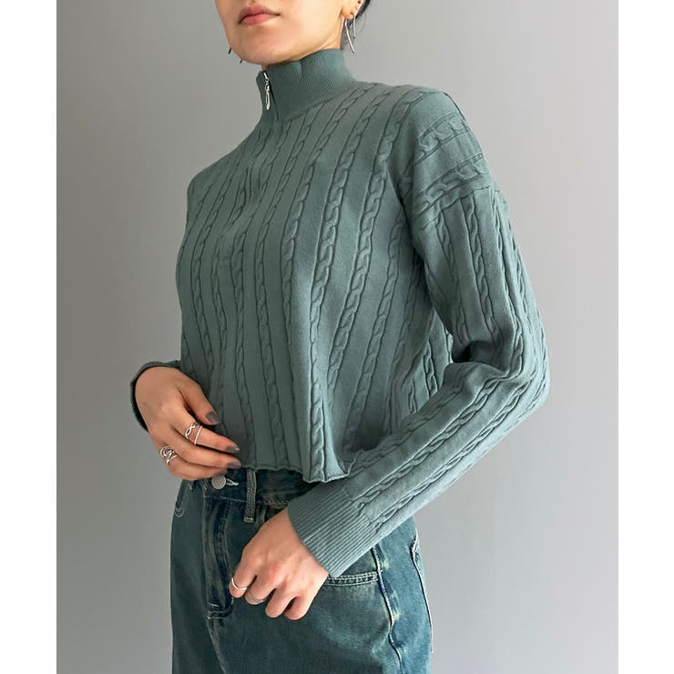 グリーン | ナローケーブルハーフジップニットトップス | Jewelobe