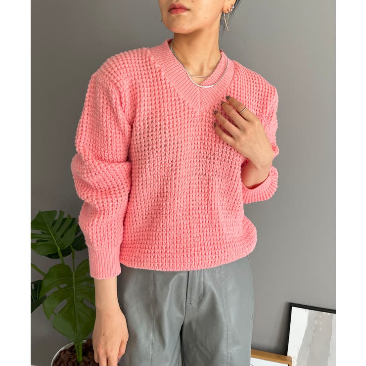 ワッフル編みVネックルーズニット | Jewelobe | 詳細画像11 