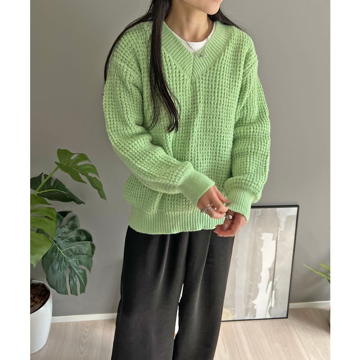 ワッフル編みVネックルーズニット | Jewelobe | 詳細画像17 