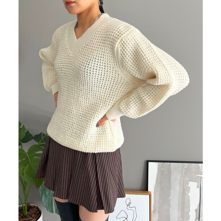 ワッフル編みVネックルーズニット | Jewelobe | 詳細画像2 