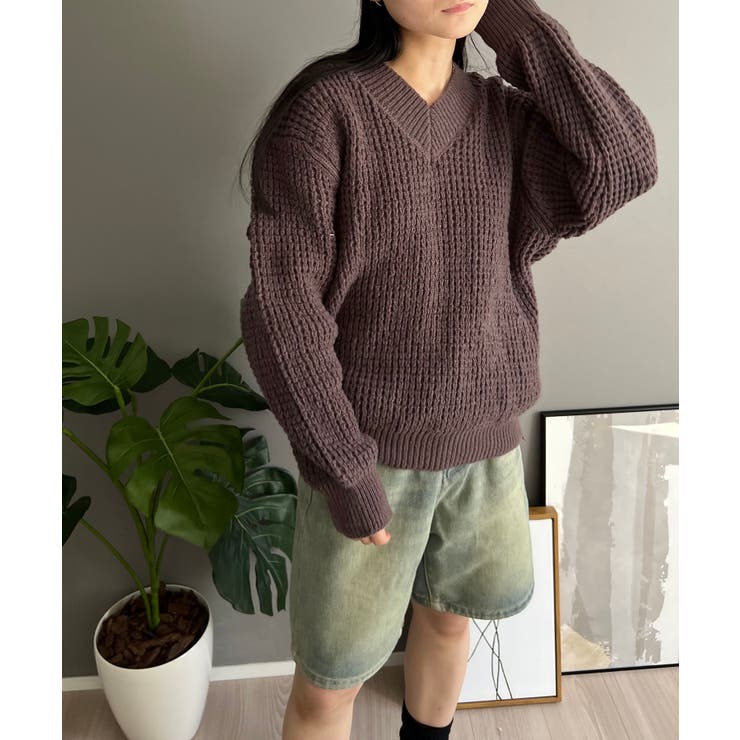 ワッフル編みVネックルーズニット | Jewelobe | 詳細画像25 