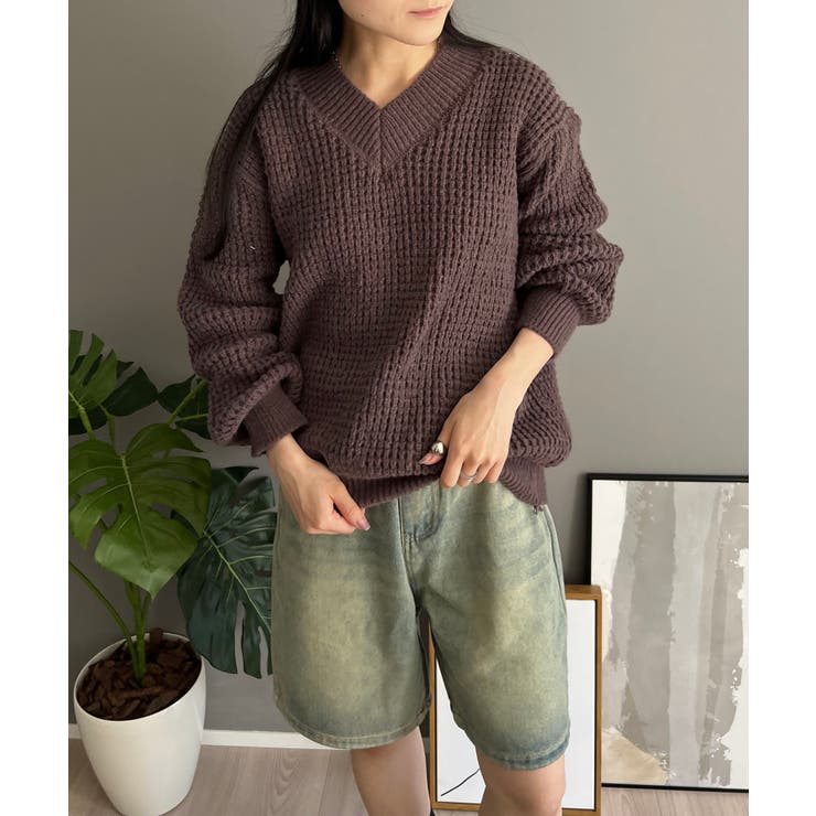 ワッフル編みVネックルーズニット | Jewelobe | 詳細画像27 