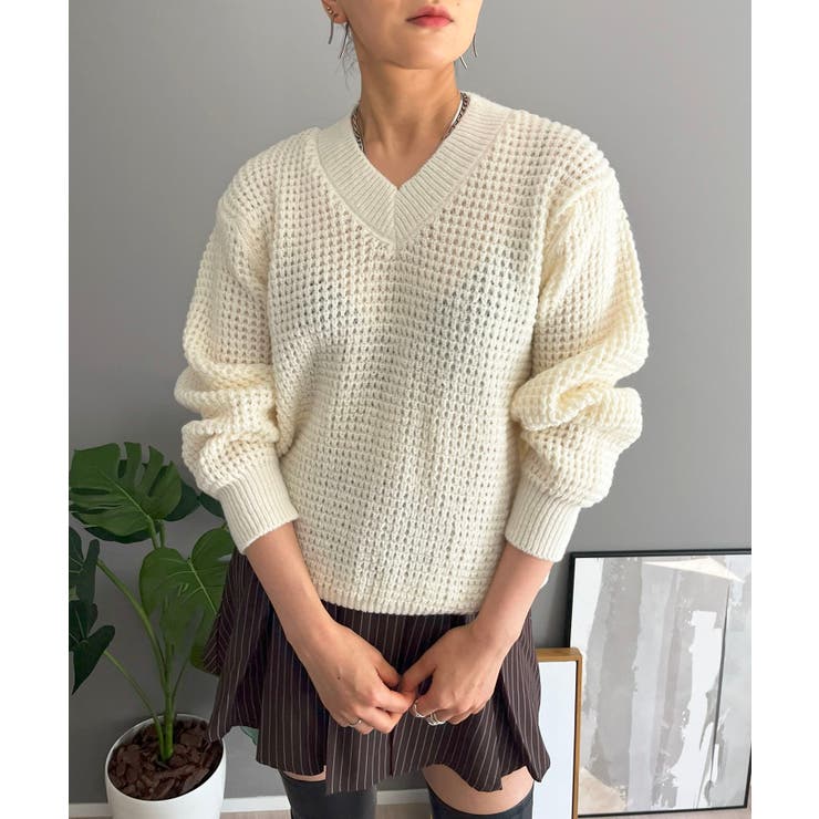 ワッフル編みVネックルーズニット | Jewelobe | 詳細画像3 