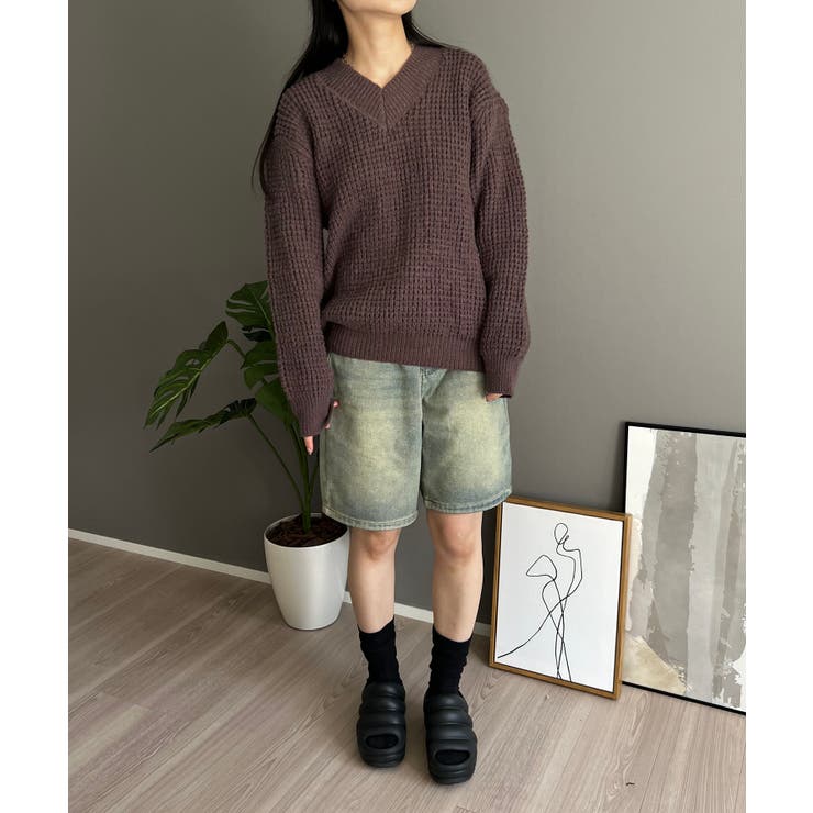 ワッフル編みVネックルーズニット | Jewelobe | 詳細画像32 