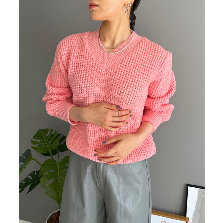 ピンク | ワッフル編みVネックルーズニット | Jewelobe
