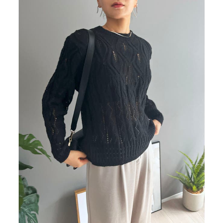 ブラック | 透かし柄編みモヘアライクニットプルオーバー | Jewelobe