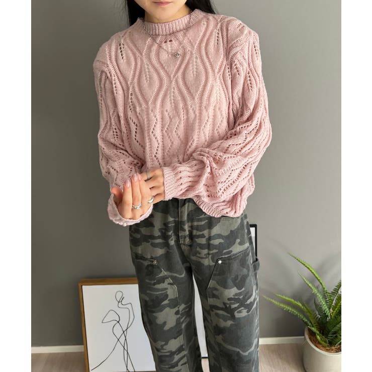 ピンク | 透かし柄編みモヘアライクニットプルオーバー | Jewelobe