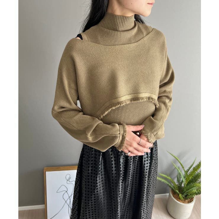 カーキ | ショートボレロ×ハイネックノースリニット アンサンブル | Jewelobe