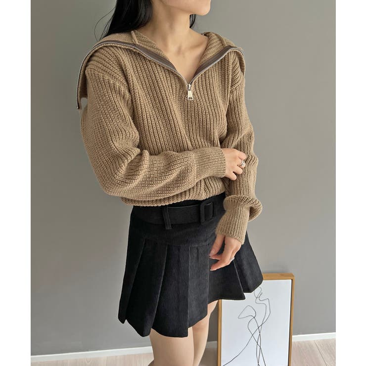 モカ | ハーフジップワイドカラーニットプルオーバー | Jewelobe