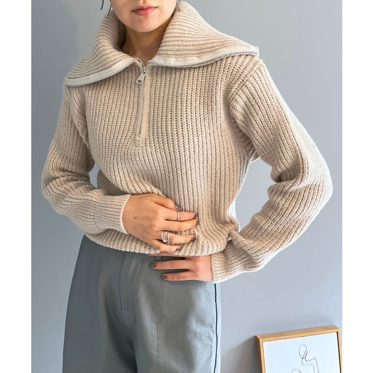 ベージュ | ハーフジップワイドカラーニットプルオーバー | Jewelobe