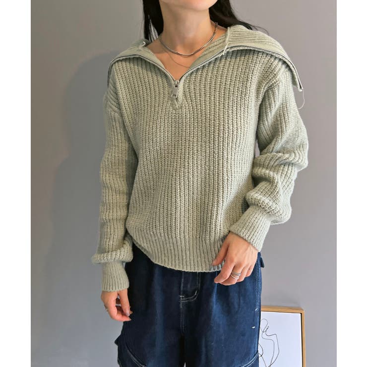 グリーン | ハーフジップワイドカラーニットプルオーバー | Jewelobe