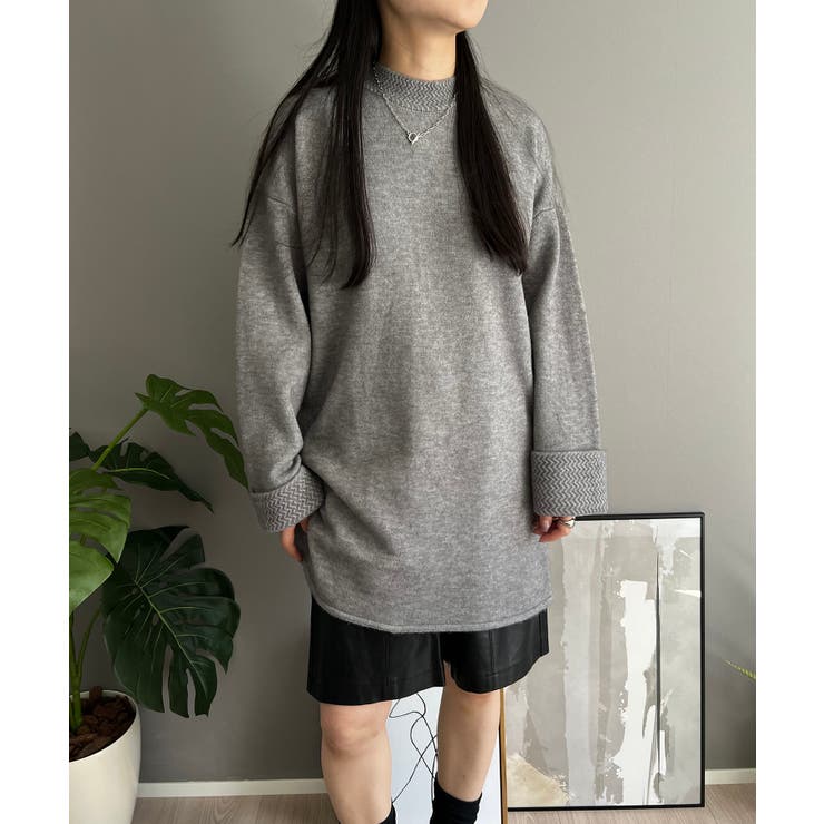 グレー | ロールアップスリーブオーバーミドルニット | Jewelobe