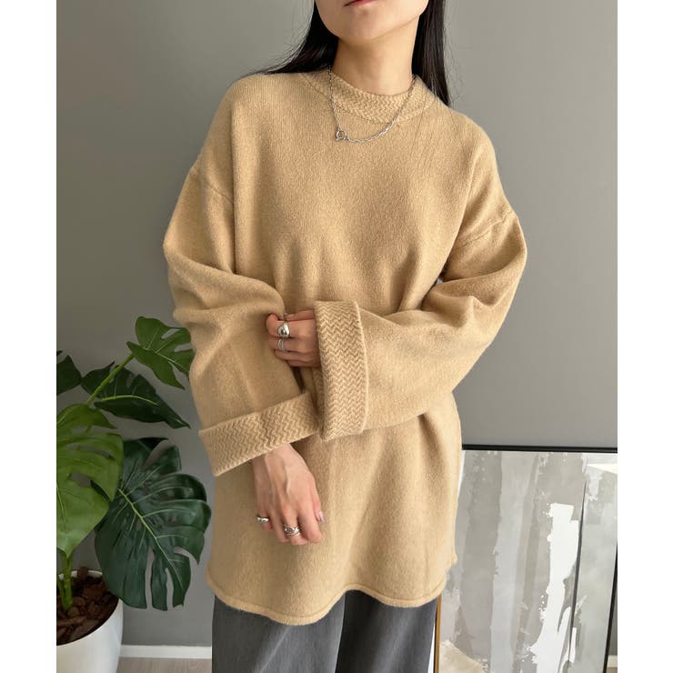 ベージュ | ロールアップスリーブオーバーミドルニット | Jewelobe