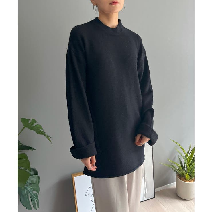 ブラック | ロールアップスリーブオーバーミドルニット | Jewelobe