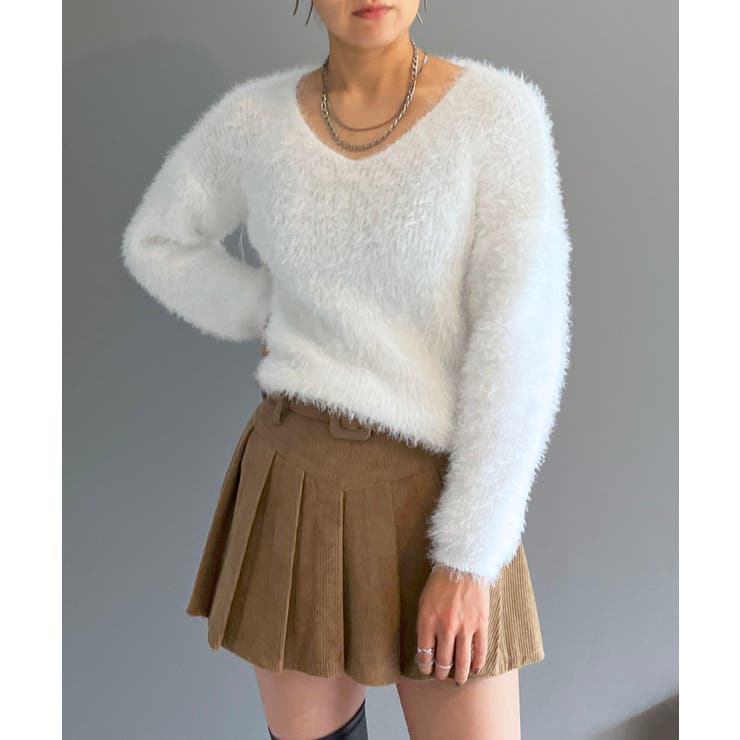 ホワイト | シャロ―Vネックシャギーニットプルオーバー | Jewelobe