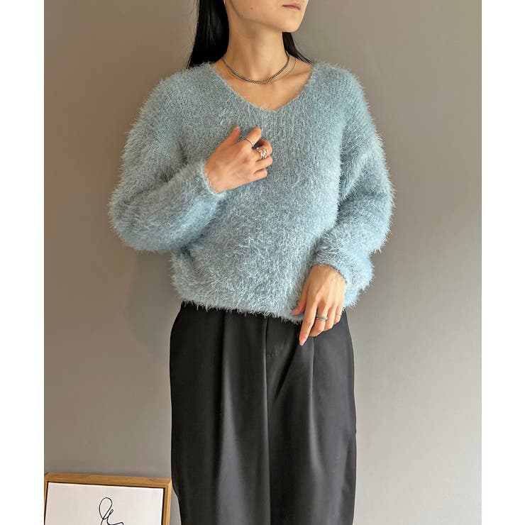 ブルー | シャロ―Vネックシャギーニットプルオーバー | Jewelobe