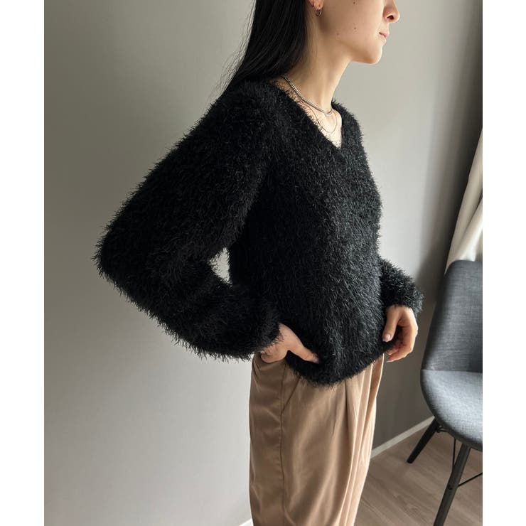 ブラック | シャロ―Vネックシャギーニットプルオーバー | Jewelobe