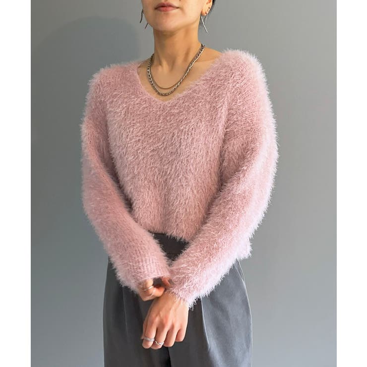 ピンク | シャロ―Vネックシャギーニットプルオーバー | Jewelobe