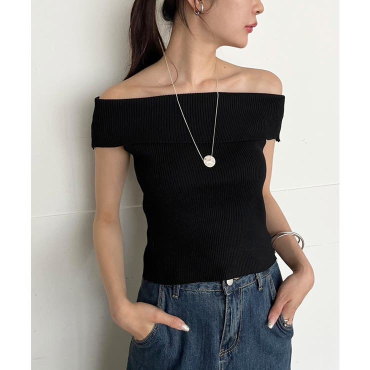 ブラック | オフショルダーショートニットトップス | Jewelobe