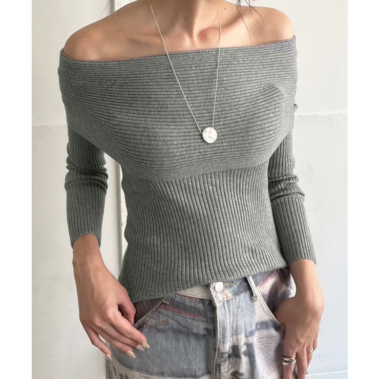 グレー | ワイドオフショルタイトニットトップス | Jewelobe