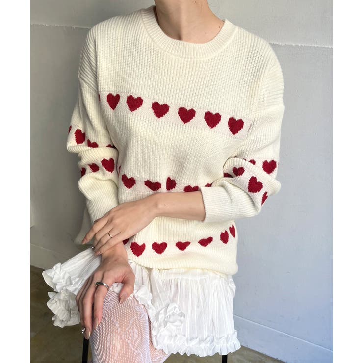 オフホワイト | ハートボーダールーズニットプルオーバー | Jewelobe