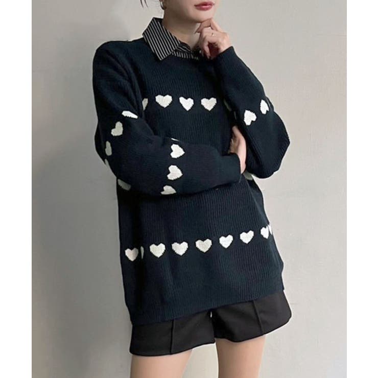 ネイビー | ハートボーダールーズニットプルオーバー | Jewelobe