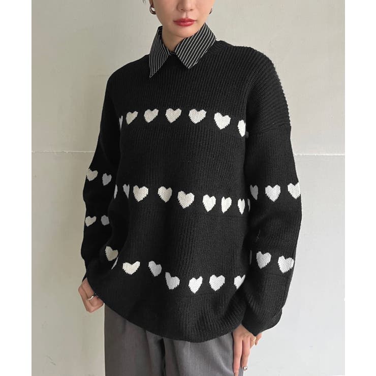 ブラック | ハートボーダールーズニットプルオーバー | Jewelobe