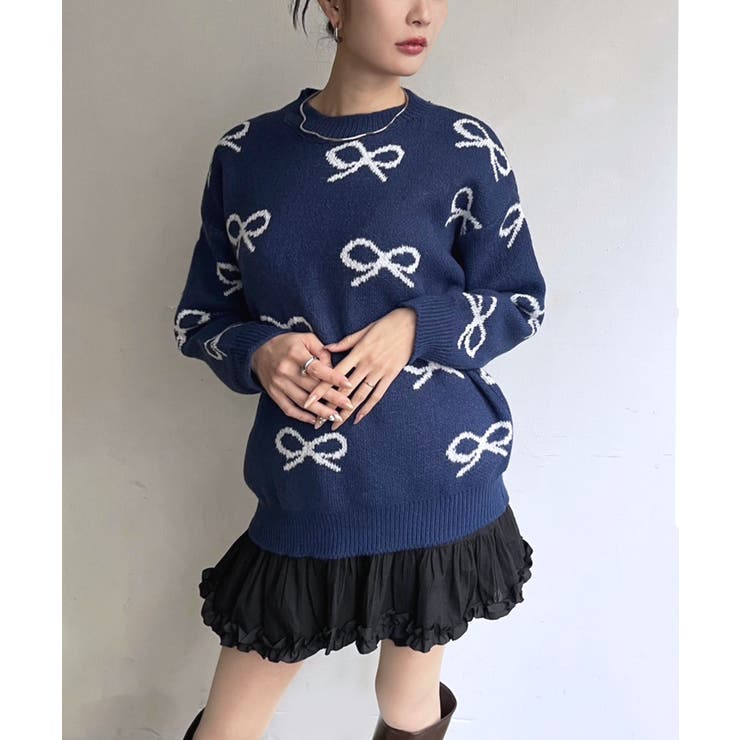 ネイビー | リボンジャガードニットプルオーバー | Jewelobe