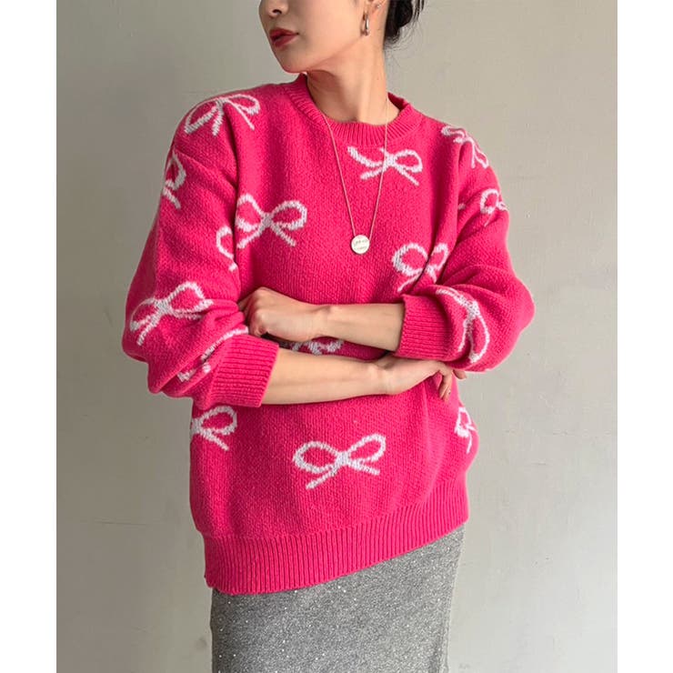 ピンク | リボンジャガードニットプルオーバー | Jewelobe