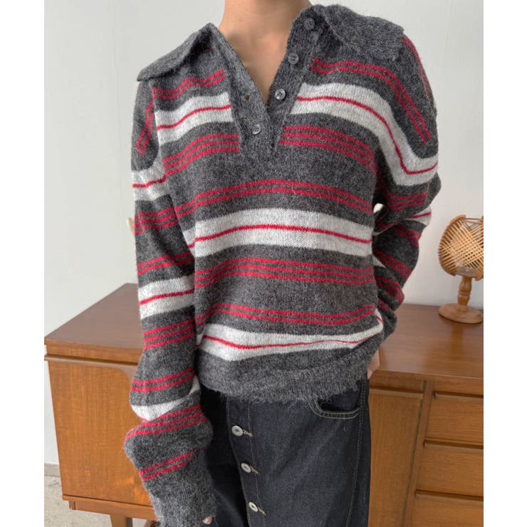 チャコールグレー | ランダムボーダールーズポロニットプルオーバー | Jewelobe