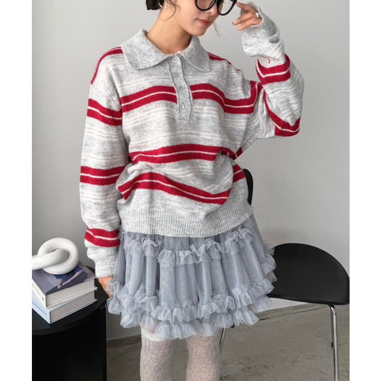 ライトグレー | ランダムボーダールーズポロニットプルオーバー | Jewelobe