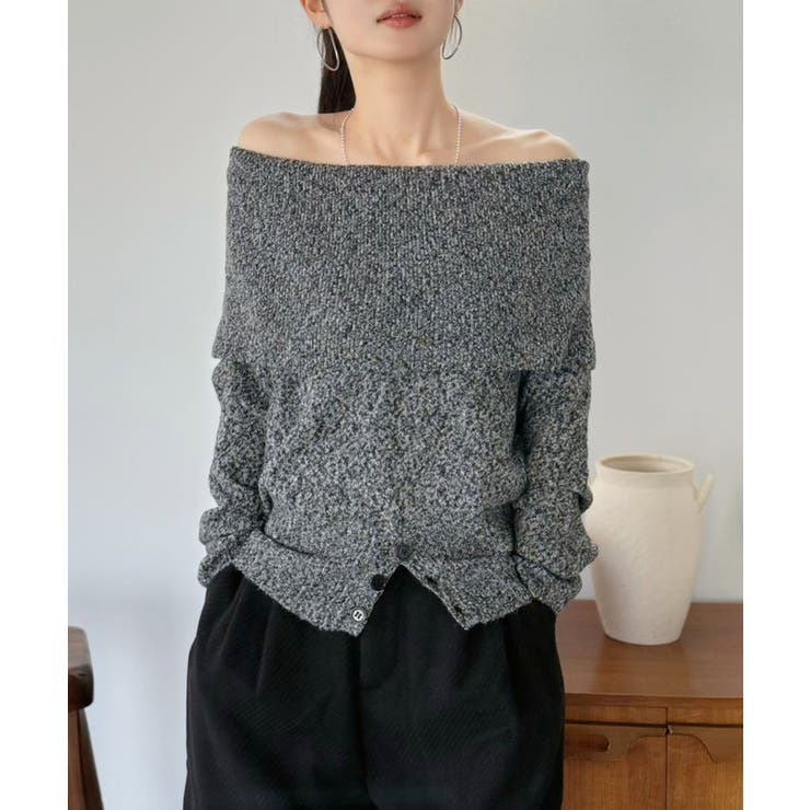 グレー | ワイドオフショルミックス編みニットトップス | Jewelobe