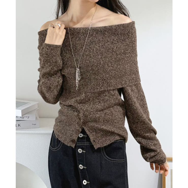 ブラウン | ワイドオフショルミックス編みニットトップス | Jewelobe