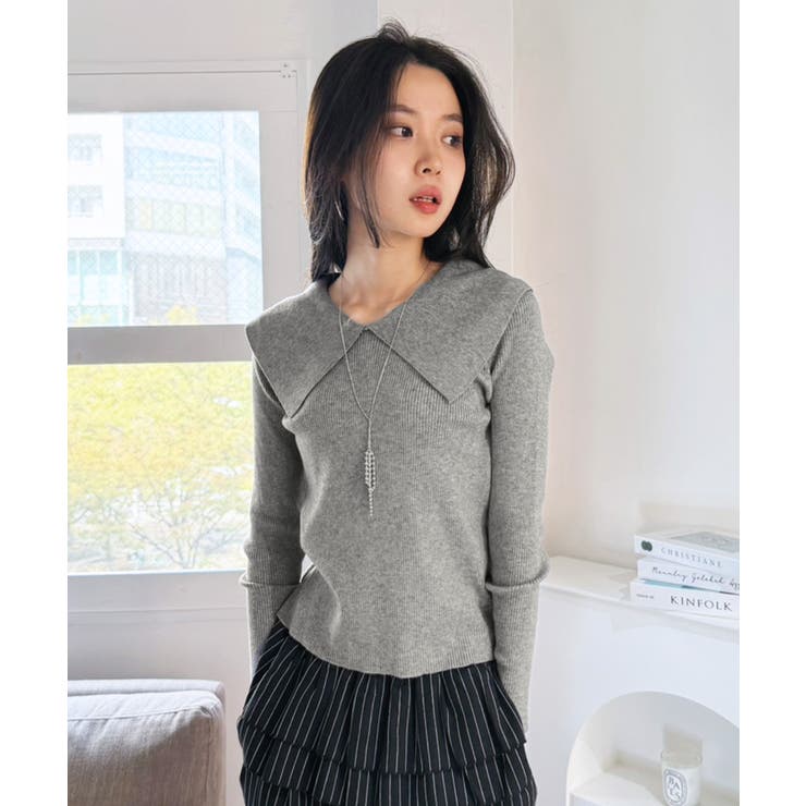 グレー | ビックカラーリブニットトップス | Jewelobe