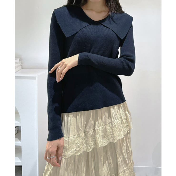 ネイビー | ビックカラーリブニットトップス | Jewelobe