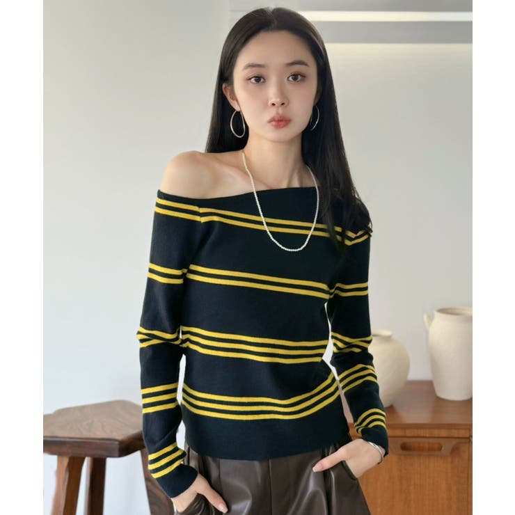 アシンメトリーボーダータイトニットトップス | Jewelobe | 詳細画像1 