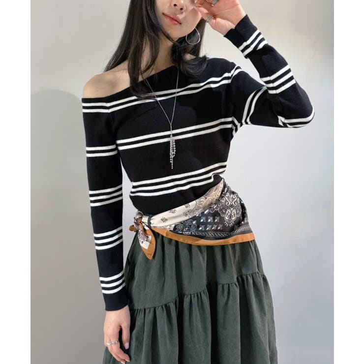 アシンメトリーボーダータイトニットトップス | Jewelobe | 詳細画像11 