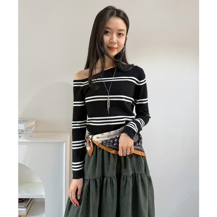 アシンメトリーボーダータイトニットトップス | Jewelobe | 詳細画像12 