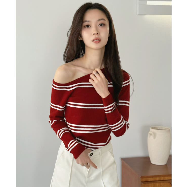 アシンメトリーボーダータイトニットトップス | Jewelobe | 詳細画像17 