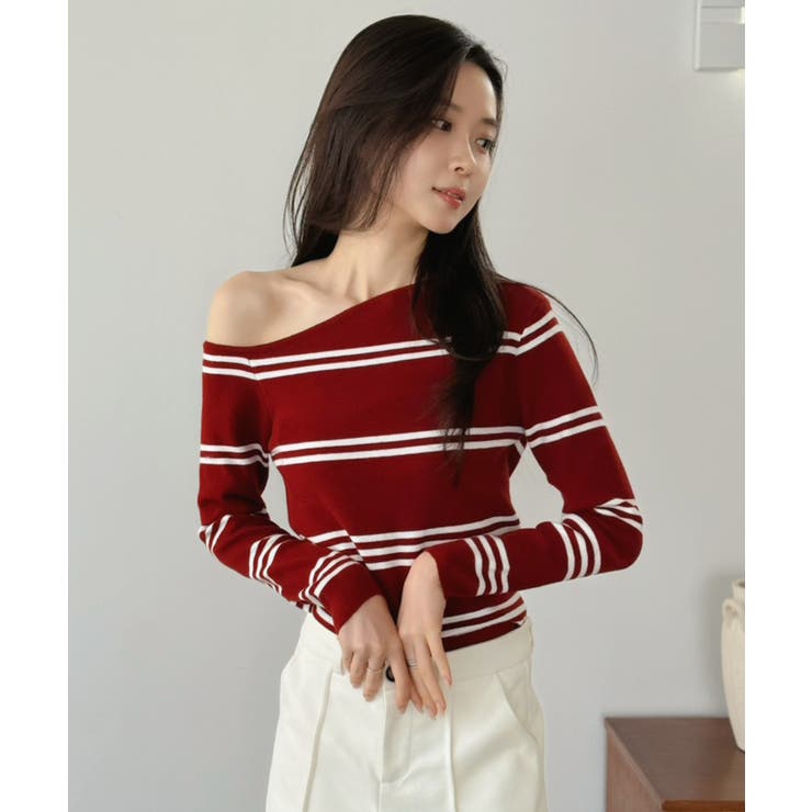 アシンメトリーボーダータイトニットトップス | Jewelobe | 詳細画像19 